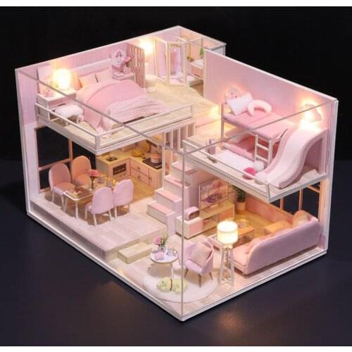 1:12 Wooden Dollhouse Miniature W/ LED Light Model Creative Room for Friends
