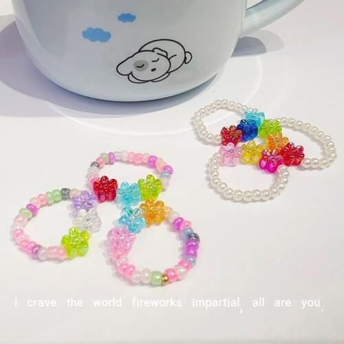 3pcs Rainbow Bead Flower Ring for Women With Elastic Rope Cute Vintage DIY Harajuku Rings Charms Y2K Jewelry 90s Aesthetic New