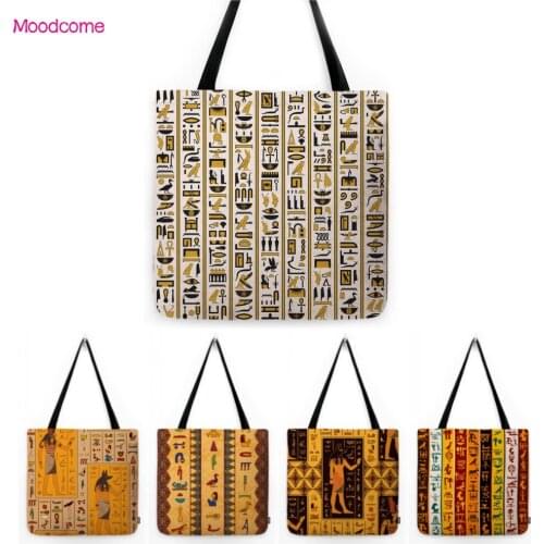 Ancient Egyptian Art Hieroglyph Pharaoh African Pattern Design Exotic Unique Cotton Linen Tote Bag Retro Shoulder Bag Shopper