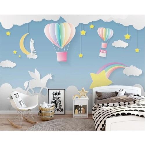 Beibehang Custom photo wallpaper cartoon kids room hot air balloon stars moon white clouds background wall home decoration