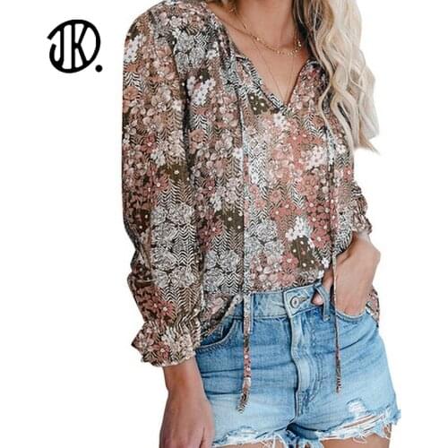 Floral Loose Spring Shirt Long-sleeved Lace-up Printed Blouse Women Oversized Fashion V-neck Shirts Elegant Female Loose Blusas