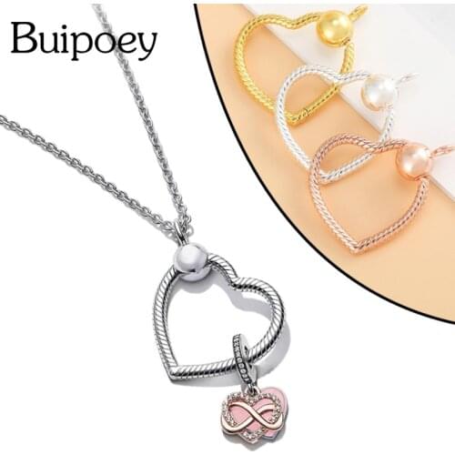 Buipoey 2021 New 3 Color Fashion Heart Necklace Fit Beads Charms Pendant Necklace Women Men Jewelry Boy Girls Lovers Gifts