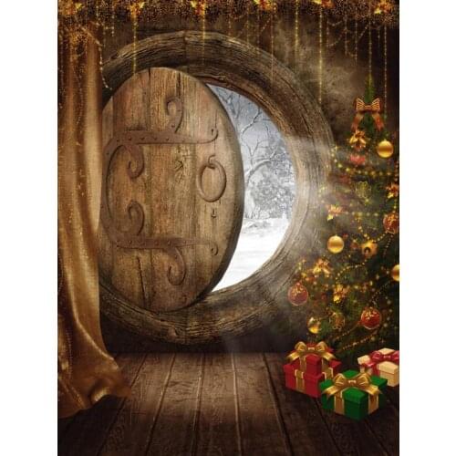 VinylBDS 5x7ft(1.5x2.2m) Photography Backdrops Christmas The Christmas Tree Gift Log Door Photography Studio