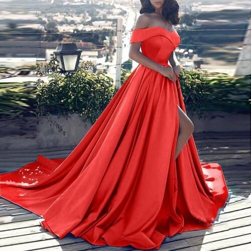 Formal Slash Neck Chest Wrapping Solid Sleeveless Dress Off Shoulder High Slit Elegant Floor Length Dresses