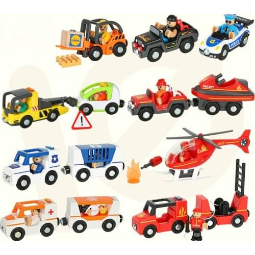 SAMOHTOY New Fire Truck Magnetic Train Car Ambulance Police Man Gangster Fire Boat Compatible BIRO Wood Track Childrens toys