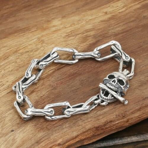 S925 mens fashion wholesale silver jewelry handmade Vintage Silver Long Skull personality buckle bracelet