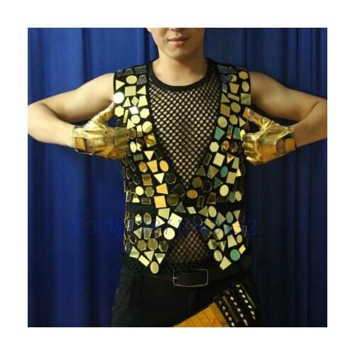 Men stage mirror costume sexy coat Acrylic gold reflective lens vest male singer guest DIY dance DS costumes