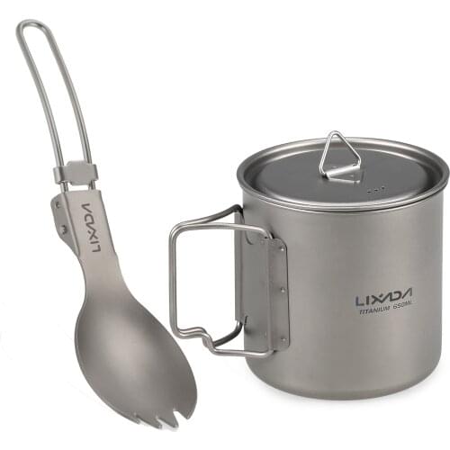 Lixada Cookware Set 300ml / 650ml Ultralight Titanium Cup with Folding Dinner Spork Tableware for Camping Hiking Backpacking