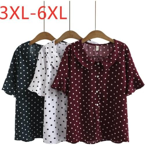New 2021 Ladies Summer Plus Size Tops For Women Large Bell Sleeve Loose Casual Claret Dot Button Chiffon Shirt 3XL 4XL 5XL 6XL
