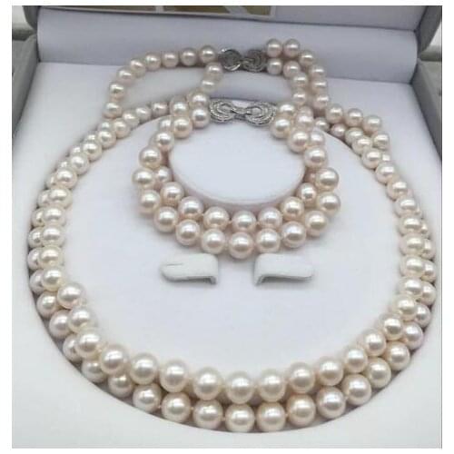 Charming 2 rows 9-10 mm round white pearl necklace 18"& bracelet 8" set