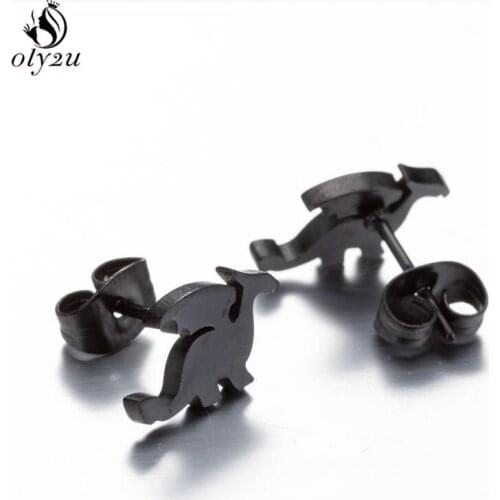 Oly2u Cute Dinosaur Animal Stud Earrings for Girls Kids Punk Jewelry Black Stainless Steel Dragon Earing Japanese Earring Bijoux