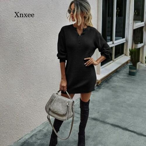 Autumn 2020 Fashion Sweater Dress Ladies Long Sleeve Knit Dress Casual Ladies Pure Black Button Slim Dress