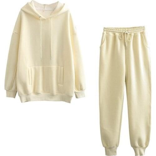 Autumn Hoodies Women Two Piece Set Solid Fleece Oversized Tracksuits Winter Thick Warm Hooded Sweatshirt Chic Jogger Pants Suit