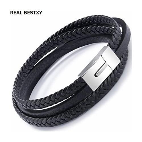REAL BESTXY 10pcs/lot Men/Woman 316L Stainless Steel Bangle Leather Bracelet Hand Chain Jewelry Clasp