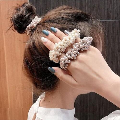 Fashion Rope Scrunchie Ponytail Holder White Black Champange Faux Pearl Beads Elastic Hair Bands Hair Accessories for Women
