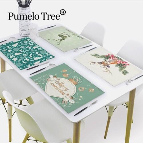 Happy 42*32cm New Year Christmas Elk Linen Table Napkin Home Decor Table Napkins Wedding-napkins Kitchen Dining Serving Placemat