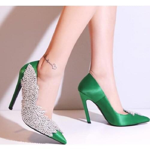 US4-11 Womens Pointed Toe Satin Rhinestones Crystal Stilettos High Heel Pumps Low Top Shoes 4Colors Plus Size C532