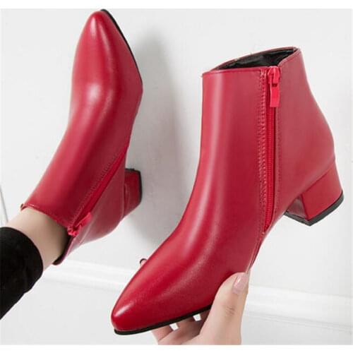 2020 Spring Slip-On Women Fashion Boots Ankle Short Boots PU Leather Pointed Toe Square Heels Booties Woman Purple Black Gray Be