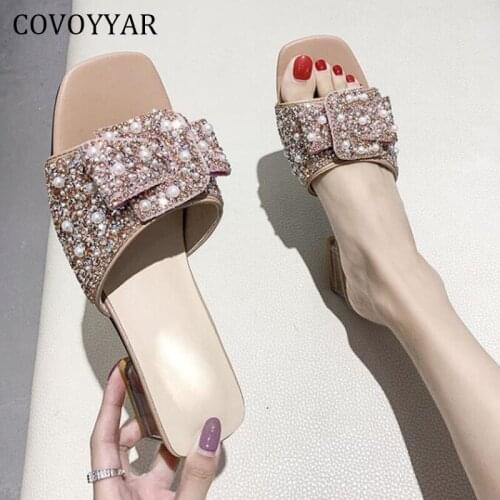 COVOYYAR Women Shoes Mules Sandals Slippers Slides 2021 Summer Woman Pearl Bow Low Heels Outside Square Heel Beach Shoes WSL196