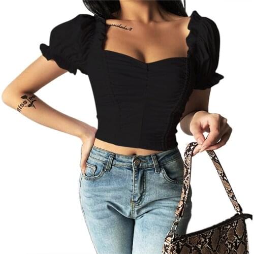 Womens Square Neck Short Puff Sleeve Cropped Tops Pleated Wrap Slim T-Shirts