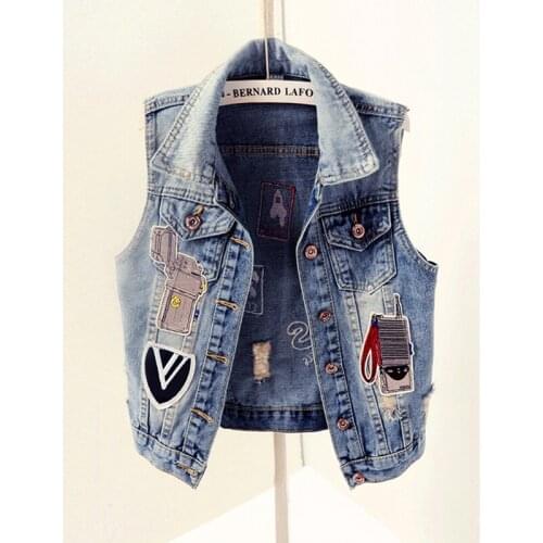 Women sleeveless denim vests jacket patch designs ripped holes turn down collar casual jean waistcoat rock punk street JC203