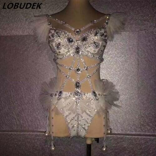 DJ Female Singer Dance Costume Shiny Silver Rhinestones Beads Bodysuit Bar Club Dance Team Party Show Performance Bikini Outfits