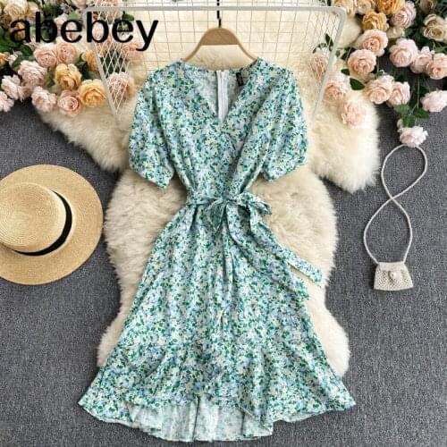 Women Bohemian Floral Dress Korean Short Sleeve V Neck A-line Dress Summer Fashion Irregular Ruffles Print Wrap Dress