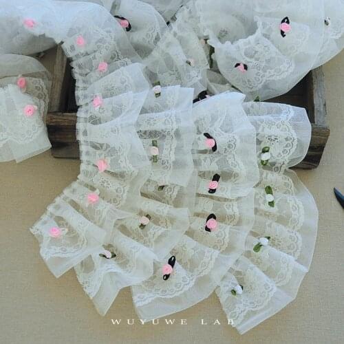 1M White Pleated Mesh Ruffled Lace Trims Fabric 3D Flower Appique Skirt Baby Doll Sweater Clothes DIY Accessories Beautiful 7cm