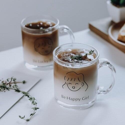 320ml Lovely Printed Glass Coffee Mug Milk Tea Coffee Cup Transparent Mugs Handle Drinkware Happy Girl Boy Couple Lover Gifts