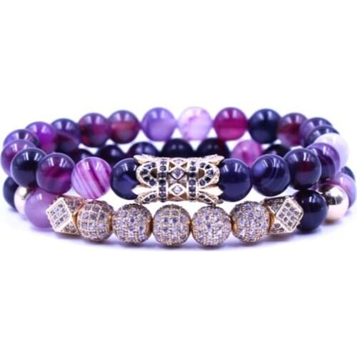 8mm 2PCS/Set uik4 gold elastic adjusted nature Purple bead micro pave cz zircon cubic zirconia tube Bracelet Jewelry
