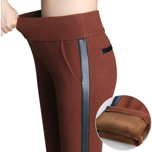 Plus Velvet Thick Women Winter Warm Pants Woolen High Waist Elastic Patchwork PU Pencil Pants Large Size Casual Pants 5XL 6XL