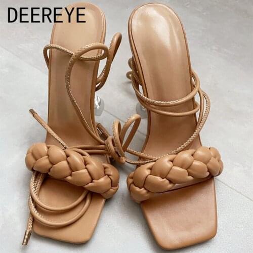 Sexy Women Weave Transparent Wine Glass High Heel Sandals Thin Cross Lace Up Strap Square Toe Party Ladies Stiletto Summer Shoes