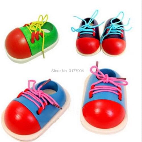 DHL 200pcs Kids Early Educational Teaching Toys Children Wooden Lace Up Shoes Coordination Craft Toys