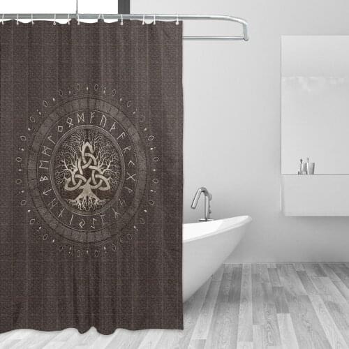 Tree Of Life Brown Gold Bathing Bathroom Bath Curtain Viking Odin Fabric Waterproof Polyester High Quality Show Curtains