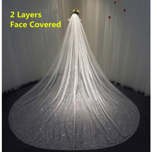 Two Layers Bling Bling Bridal Veil Long Sparkly Glittering White Champagne Cathedral Sequins Blusher Face-Covered Veil With Comb