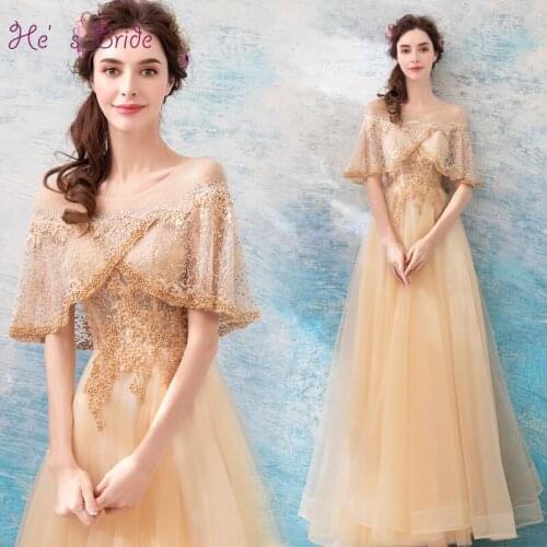 Hes Bride Elegant Half Sleeves Pearls Lace Up Back Ankle-Length champagne Evening Dresses Custom Party Prom Gown