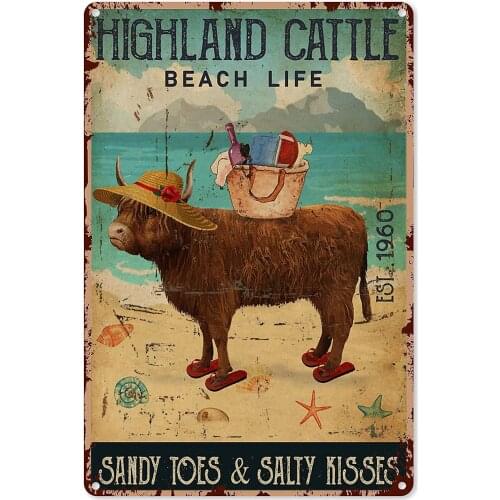Highland Cow Wall Art Large Beach Life Sandy toes and Saliy Kisses Highland Cattle Tin Sign Decoration Poster Wall Decor