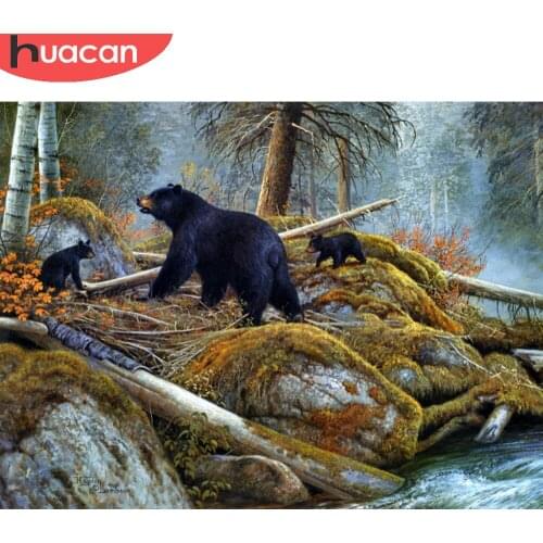 HUACAN Full Square/round Diamond Painting Mosaic Bear Scenery Wall Decor Diamond Embroidery Animal Natural Landscape Diamond Art