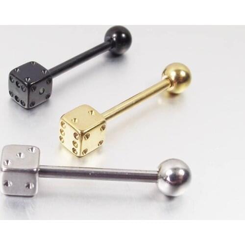 1Piece 14G 1.6x14x5mm Stainless Steel Dice Tongue Rings Nipple Ring Punk Square Ball Tongue Barbell Ring Body Piercing Jewelry