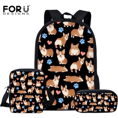 FORUDESIGNS 3 pcs/sets School Bags Set Corgi School Backpack for Teenagers Boys Girls Schoolbags Kid Backpacks Mochila escolar
