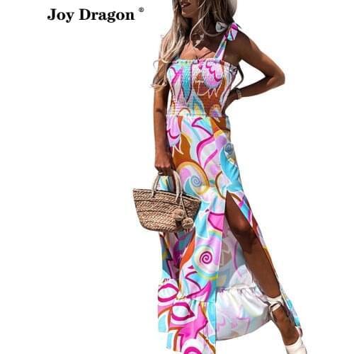 Sleeveless Long Maxi 2021 Party Casual Daily Elastic Waist Ankle-length Split Lae Up Fashion Dresses Summer Print Beach Printed