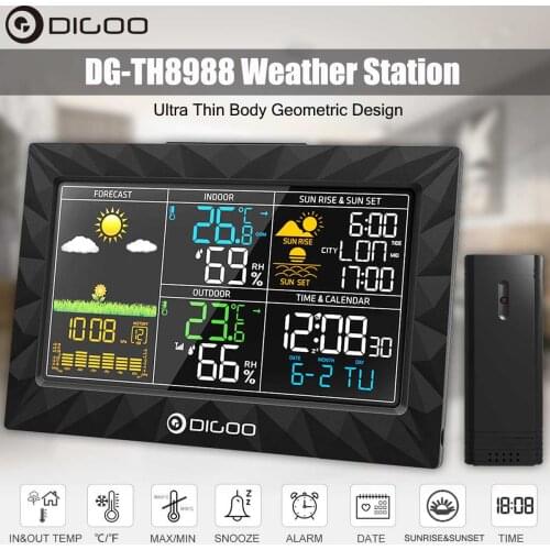 DIGOO DG-TH8988 Colorful LCD Weather Station + Outdoor Remote Sensor Thermometer Humidity Snooze Clock Sunrise Sunset Calendar