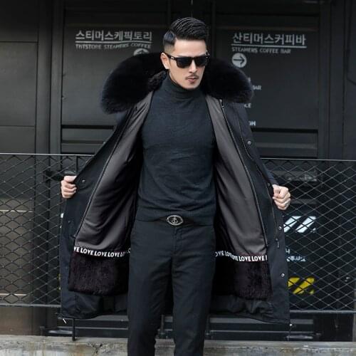 Mens Parka Winter Jacket Real Fox Fur Collar Hooded Fur Coat Real Rabbit Fur Lining Warm Winter Coat Long Parker Large L-5xl