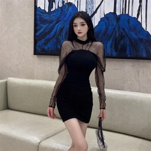 2021 autumn new long-sleeved mesh stitching pure color elastic waist bag hip sexy dress women