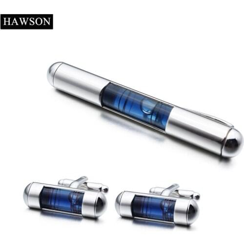 Novelty Blue Level Cufflinks Tie Clip Set Mens In Box Air Bubble Cylinder Cuff Links