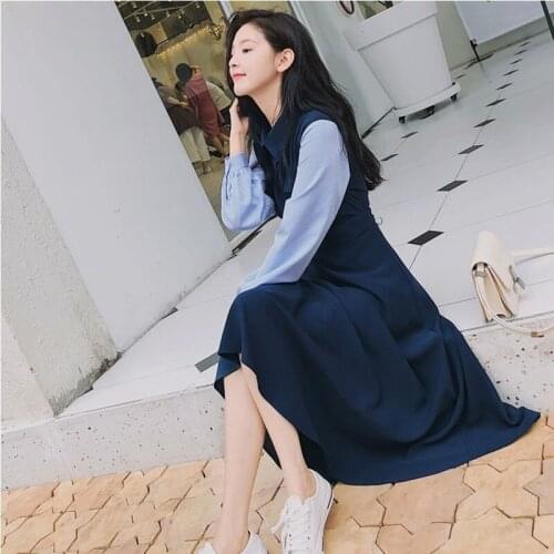 Autumn Womens Chiffon Long Dress Strip Long Sleeve Patchwork Dress Elegant Korean Turn down Collar A-Line Casual Over Size XXXXL