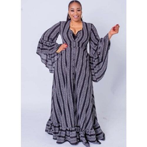 Autumn African Dresses for Women 2021 New African Women Long Sleeve V-neck Printing Plus Size Long Dress African Clothes Women