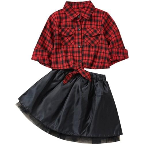 Citgeett Autumn Christmas Kids Infant Baby Girls Clothes Sets Long Sleve Plaid Shirts+ Black Lace Tutu Skirt Clothing Set