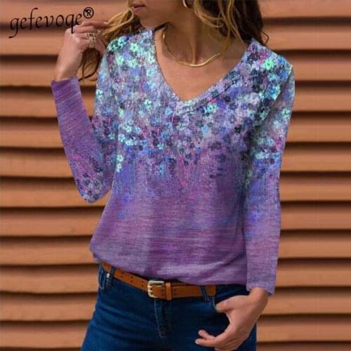 Autumn Harajuku Floral Print Women T-Shirt Casual Long Sleeve Oversized Tops V-Neck Loose Pullovers Tee Shirts Clothes for Women