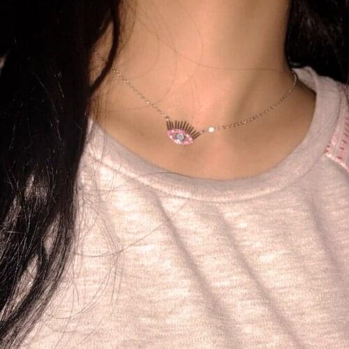 925 sterling Silver pave red blue cubic zirconia lucky evil eye eyelash pendant connector silver delicate eye jewelry necklace